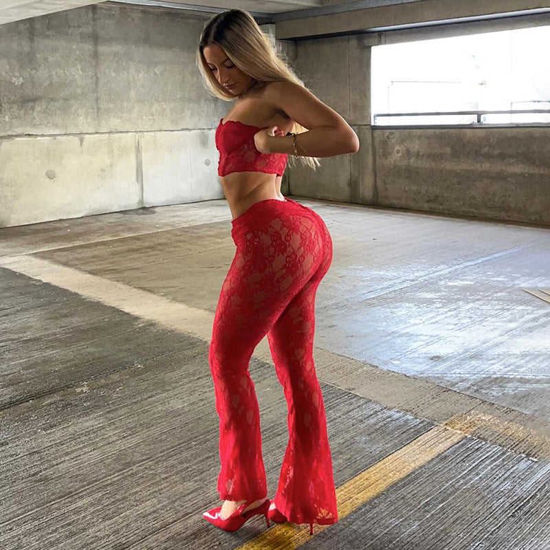 Women's Spring Solid Casual Lace Crop Strapless Top Slim Bell Bottom Pants Two Piece Set 4