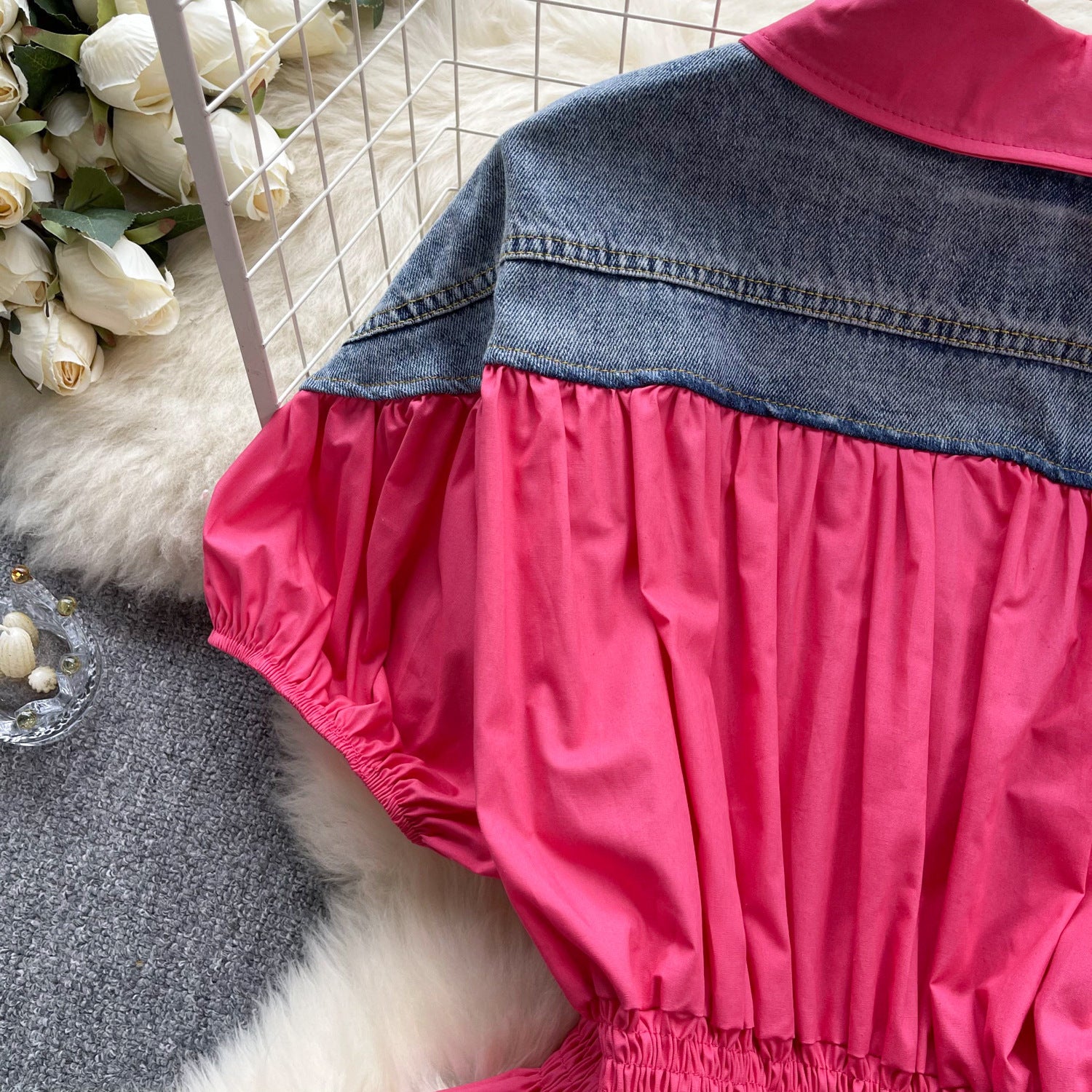 Women Contrast Patchwork Puff Sleeve Stretch Shirt 37