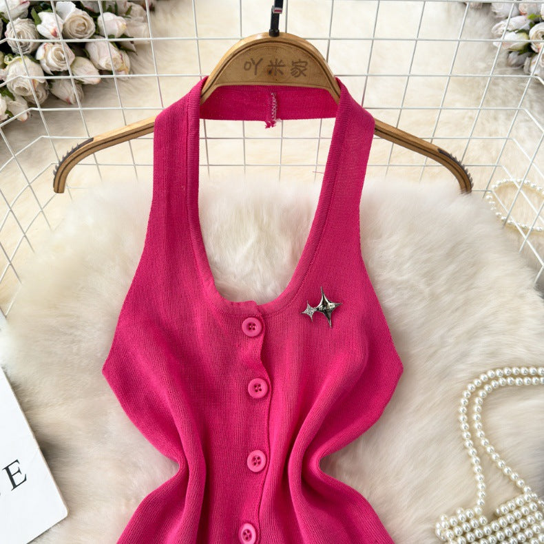Fashionable Halter Neck Low Back Breasted Slim Fit Knitting Vest Women's Outdoor Wear Trendy Basic Top 23