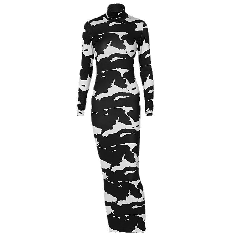 Women's Spring Autumn Fashion Print High Neck Long Sleeves Slim Fit Dress 6
