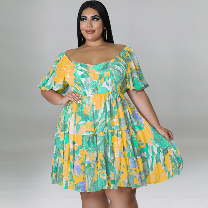 Plus Size Women's Summer Sexy Off Shoulder Print Loose Casual Dress 3