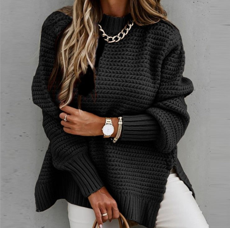 Women Half Turtle Collar Loose Solid Long Sleeve Side Slit Knitting Sweater 16