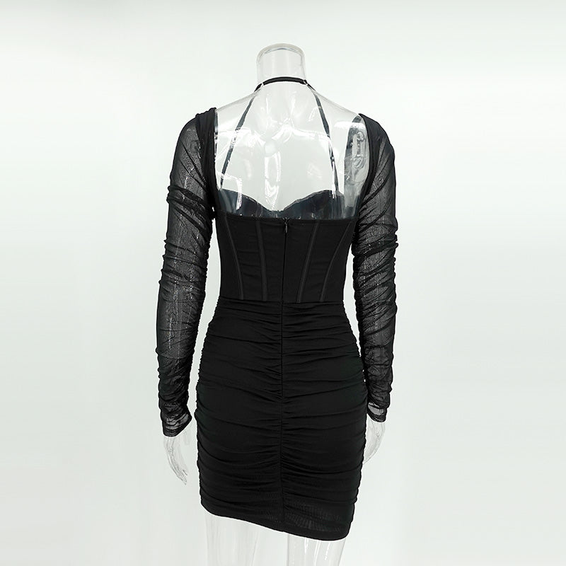 Women's mesh herringbone long sleeve Halter Neck fashion nightclub Bodycon Short dress 6