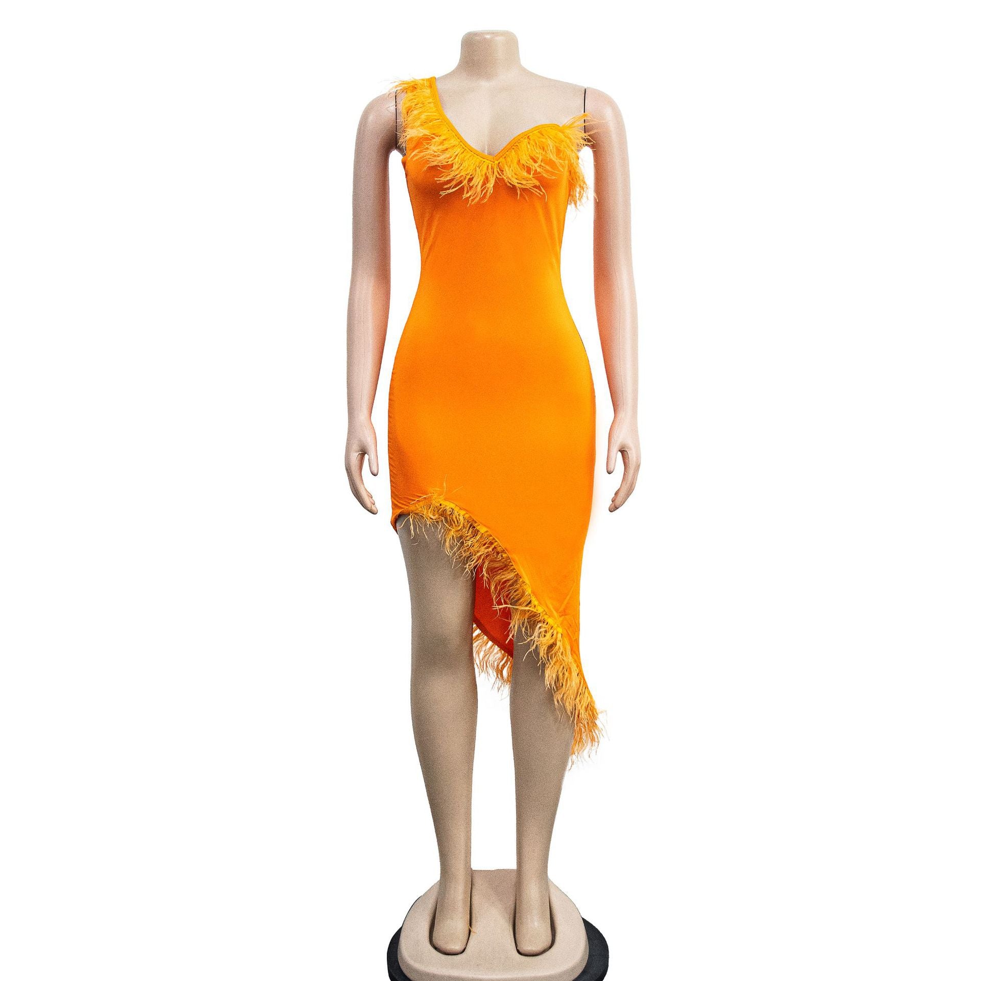 Solid color V-neck sleeveless feather irregular skirt dress 33