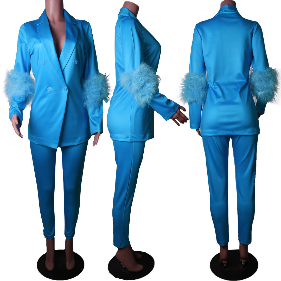 Fall Women Feather Blazer and Pant Two Piece 17