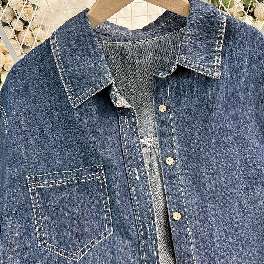 Summer Loose Short-Sleeved Denim Shirt Wide-Leg Shorts Casual Trendy Two-Piece Set 5