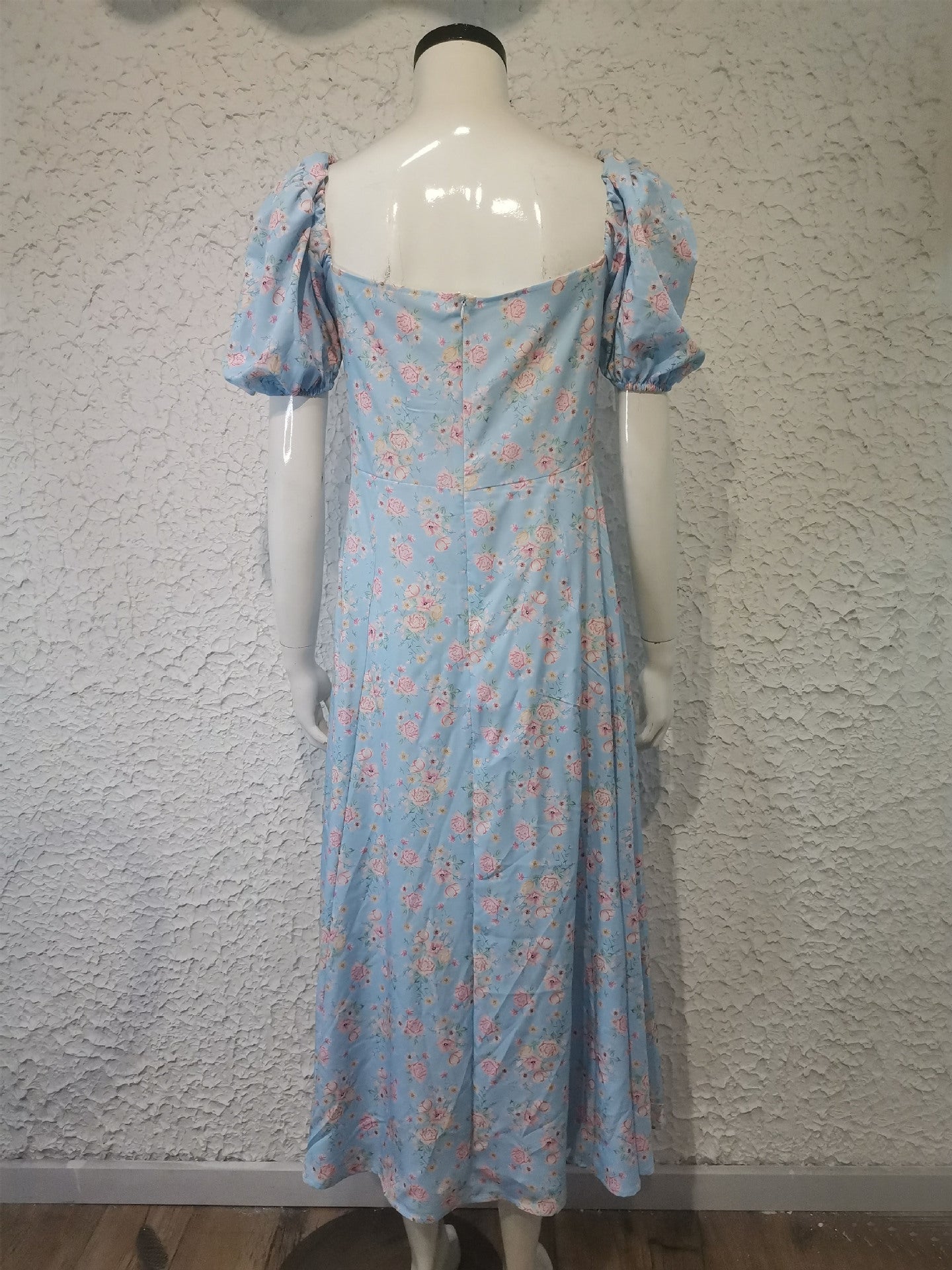 Women's summer fashion puff sleeve floral tie high slit long summer dress 25