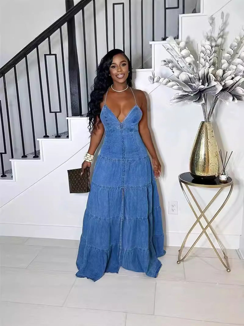 Women's Autumn Sexy V-Neck Strap Low Back Cascading Ruffles Long Dress 5