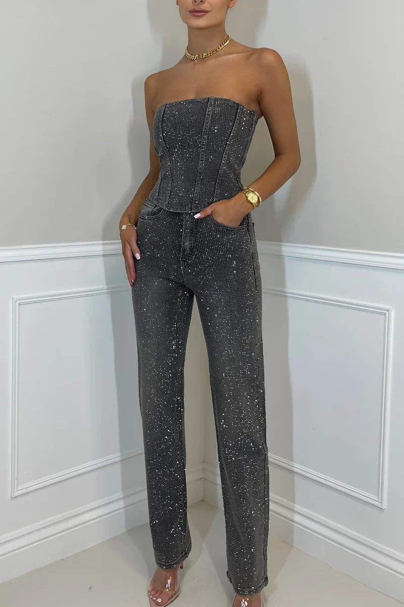 Women's Sexy Strapless Glitter Top & Beaded Pants Two-Piece Set 5