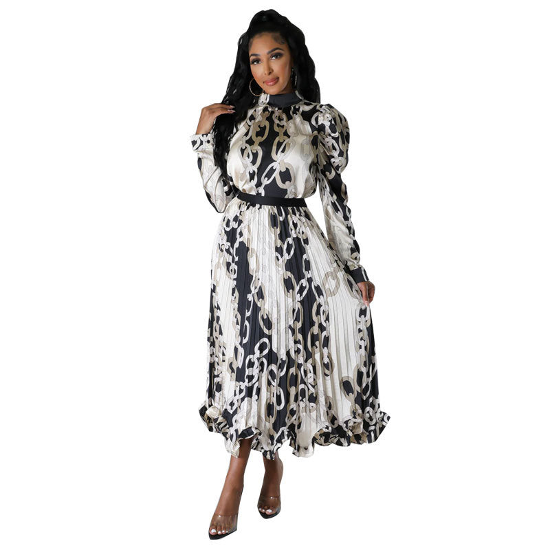 Women Fall Casual Long Sleeve Pleated Print Top and Skirt Two-Piece Set 6