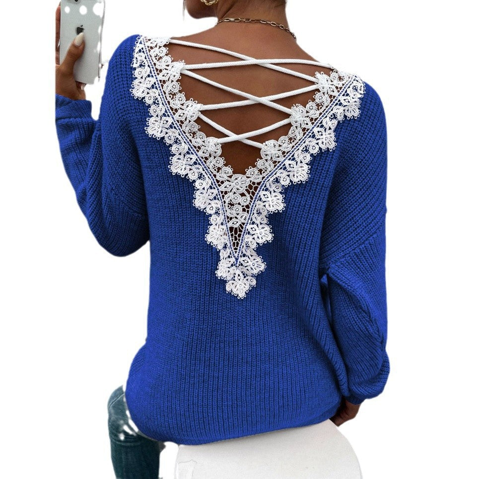Women Lace Patchwork Sexy Backless Cutout V-Neck Long-Sleeved Sweater 10