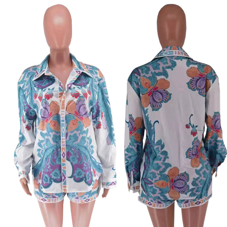 Women's Printed Long Sleeve Casual Two Piece Shorts Set 15