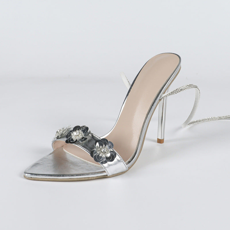 Women Summer Rhinestone Pointed Flower Super High-Heeled Sandals 6