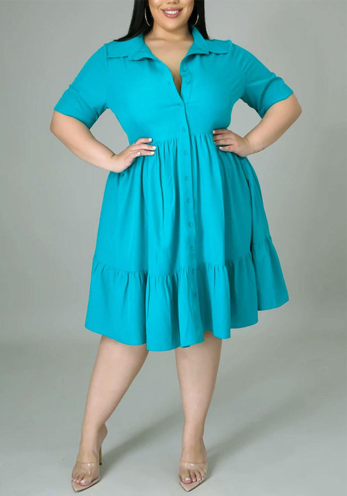 Plus Size Women's Chic Turndown Collar Short-Sleeved High Waist A-Line Buttoned Shirt Dress
