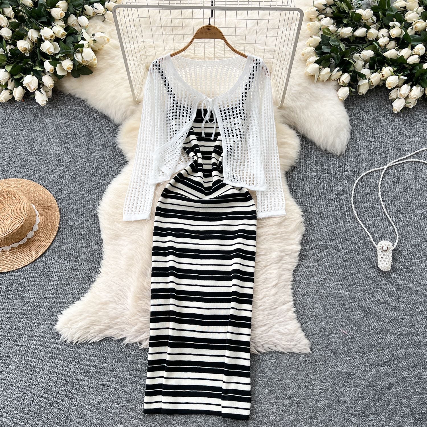 Tie Up Cardigan Low Back Strap Slim Fit Chic Stripes Knitting Dress 7