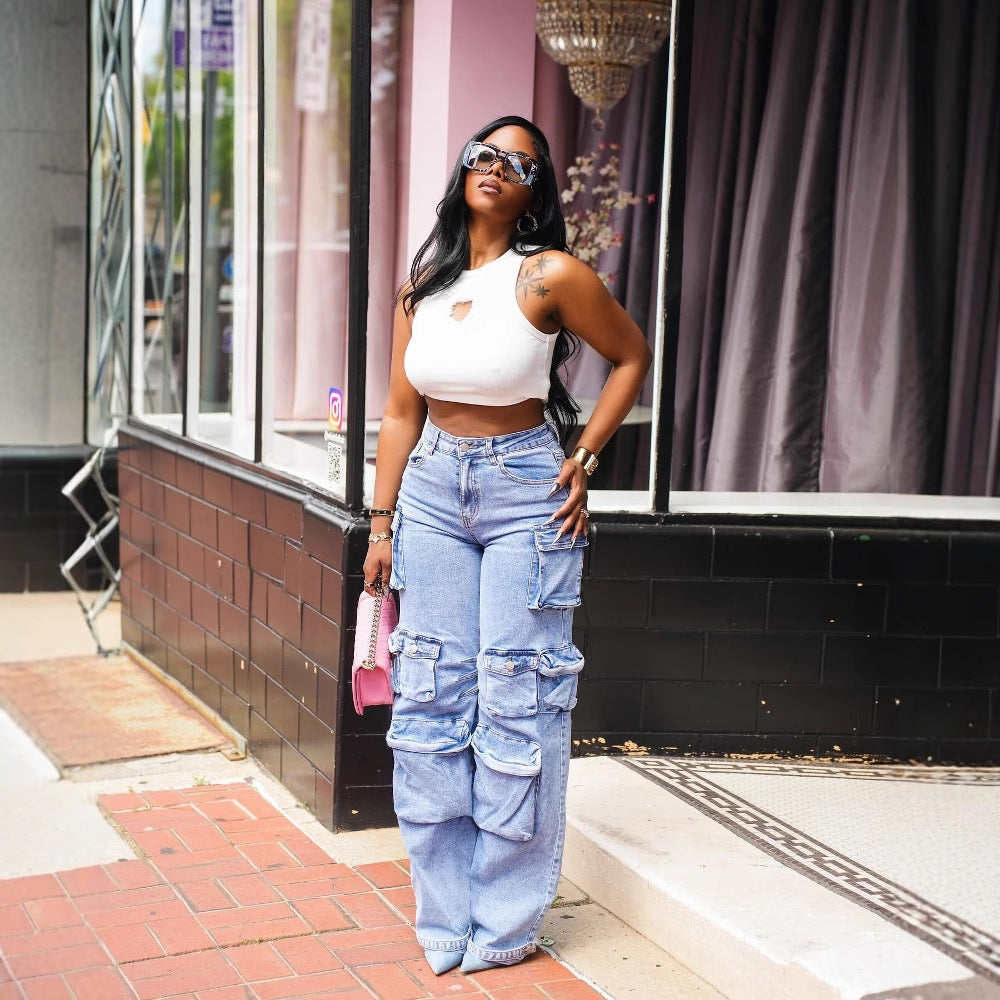 Women's Fashion Loose Straight Leg Washed Multi-Pocket Fashion Street Denim Pants 3