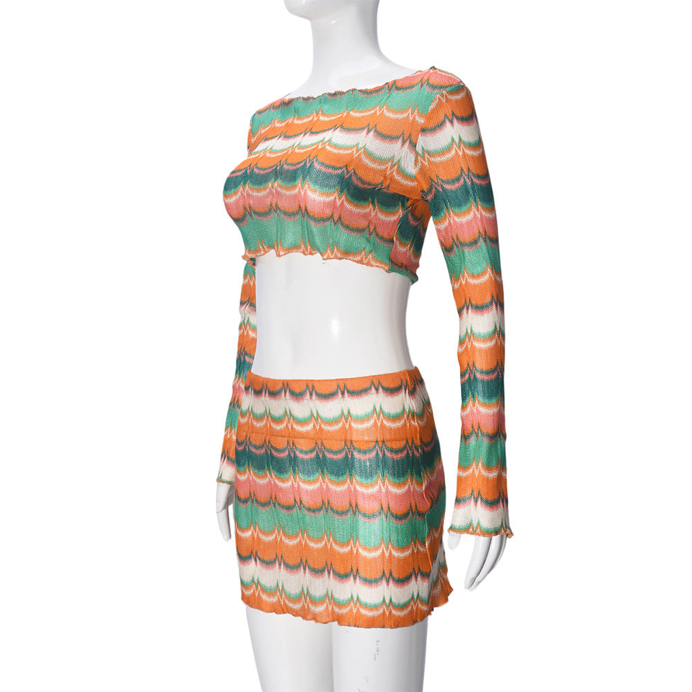 Women's Autumn Winter Sexy Crop Top Yarn-Dyed Multi-Color Skirt Set 9