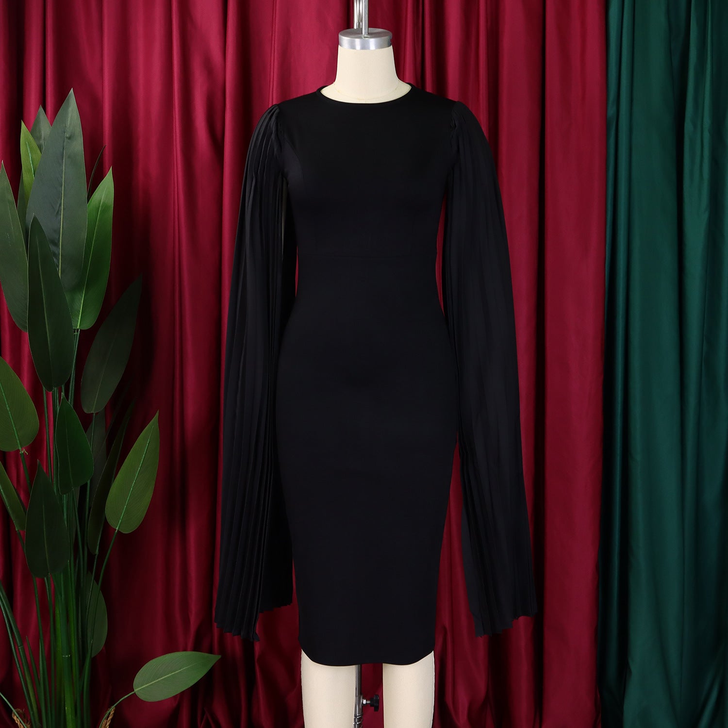 Women's Fashion Solid Color Round Neck Pleated Shawl Sleeve Formal Party Evening Dress 28