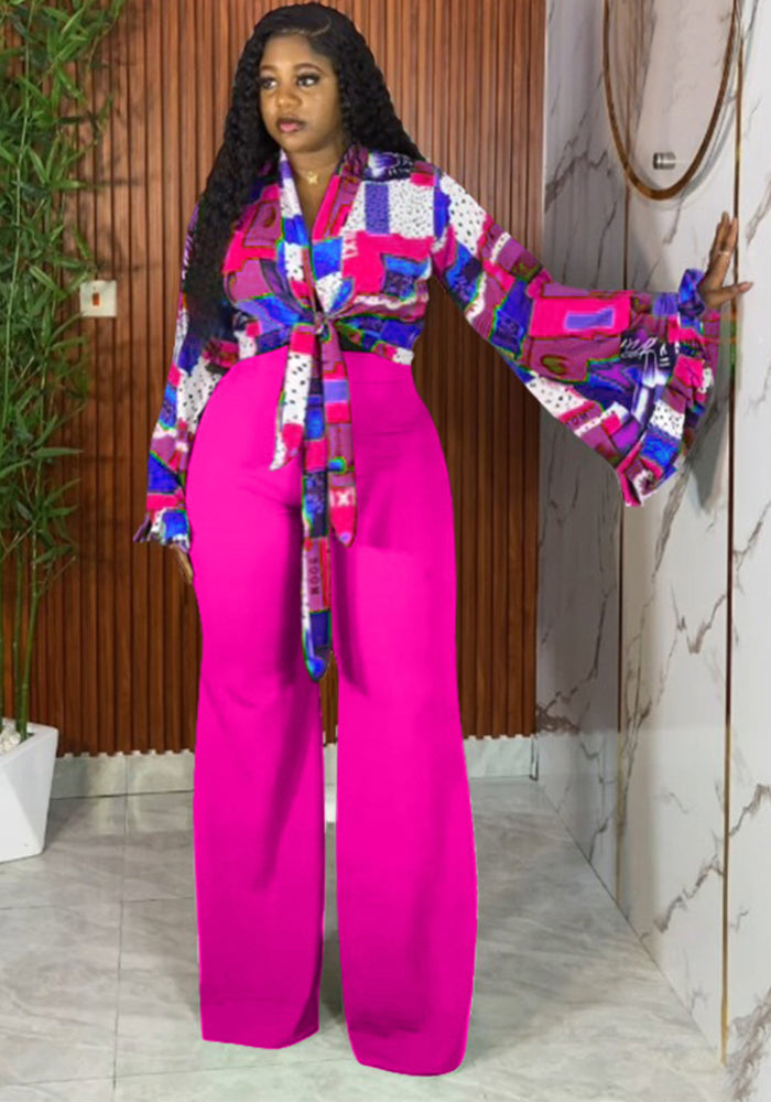 Plus-Size Women Fall Printed Bell Bottom-Sleeve Top and Wide-Leg Pants Two-Piece Set