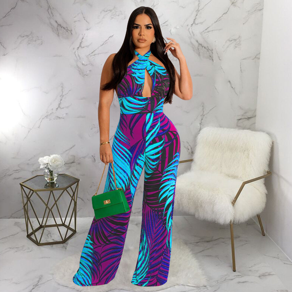 Women Sexy Backless Lace-Up Print Sleeveless Jumpsuit 3