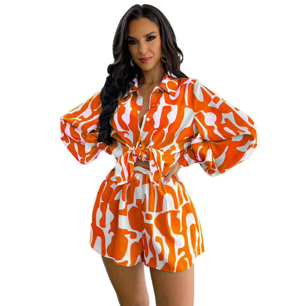 Loose Printed Long Shirt Casual Women's Shorts Set Summer Two-Piece Set 10