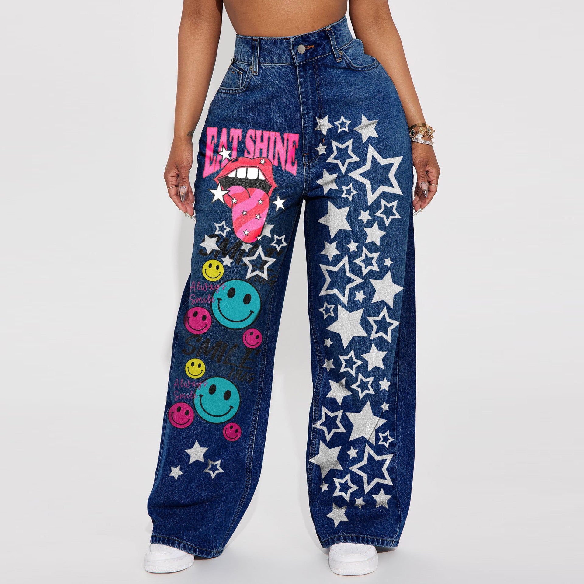 Hip Hop Style High Waist Washed Print Non-Elastic Wide Leg Denim Pants 6