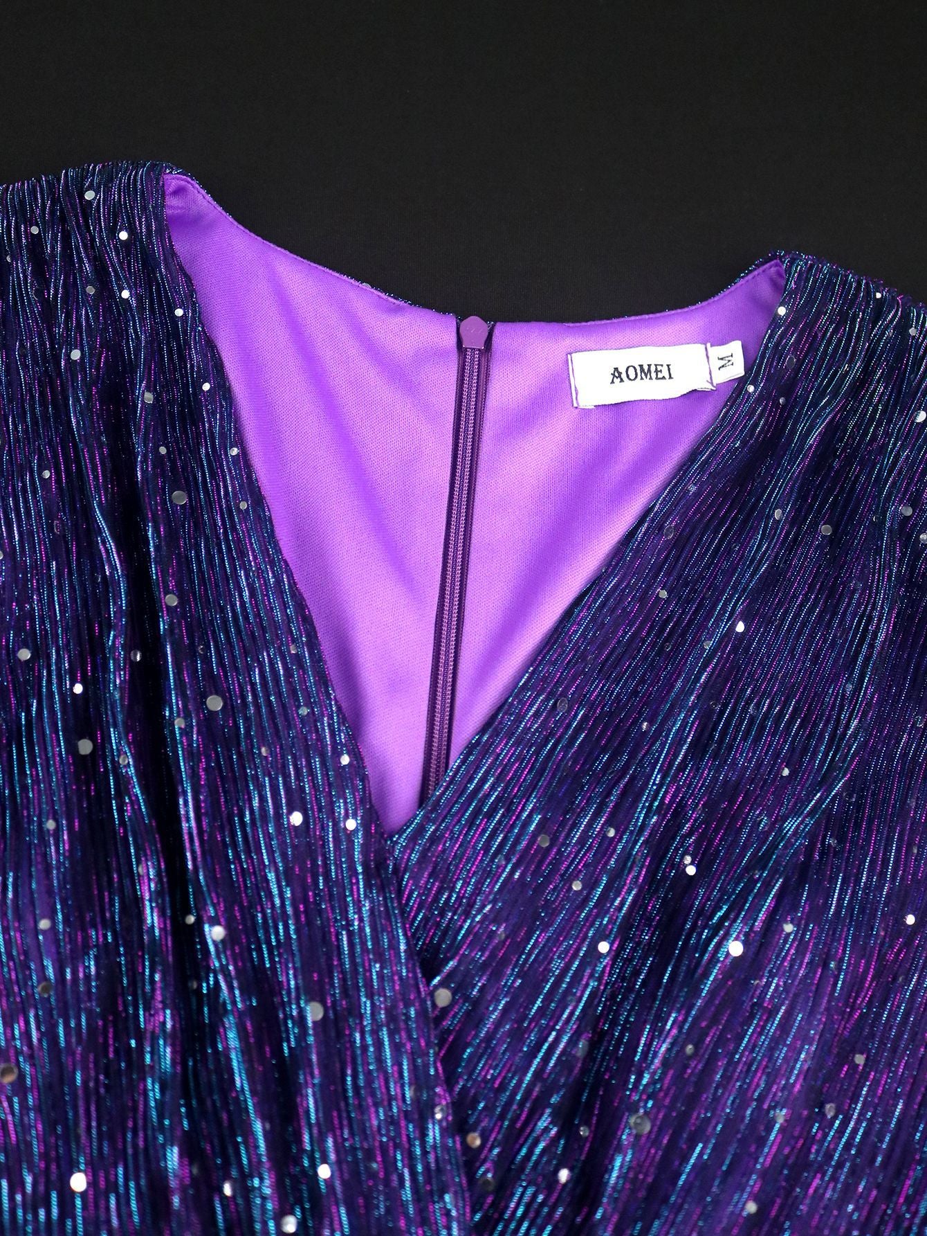Sexy V-Neck Sequin Long-Sleeve Dress Purple Elegant Formal A-Line Gown 8