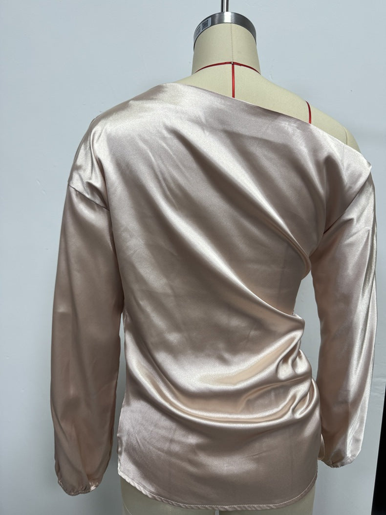 Women's Satin Shirt Asymmetric Slash Shoulder Long-Sleeve Blouse 11