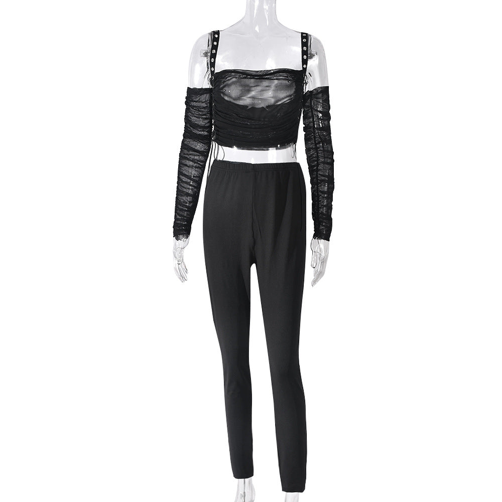 Spring Crop Low Back Mesh Strap Pants Set For Women 8