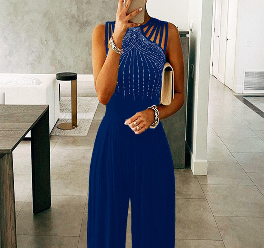 Slim Waist Hollow Out One-Piece Solid Summer Beaded Wide-Leg Jumpsuit 11