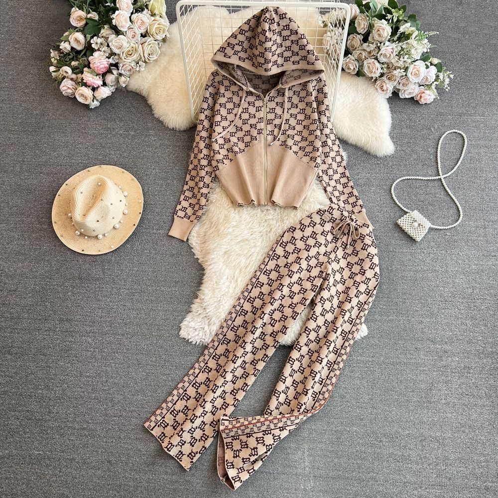 Women long-sleeved zipper jacquard knitting jacket and high-waisted wide-leg pants two-piece set 3