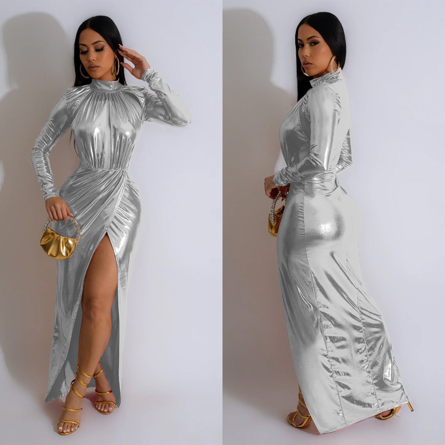 Women Solid Shiny Long Sleeve Pleated Maxi Dress 5