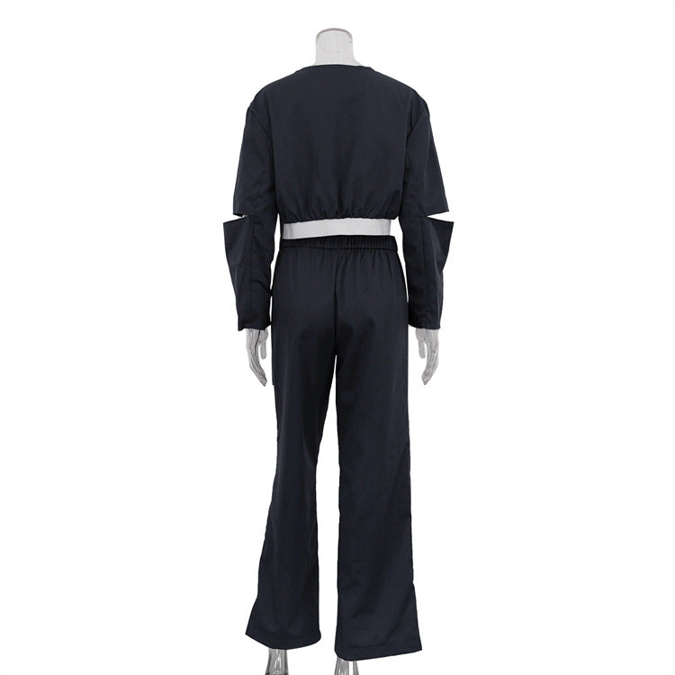 Fashion Women's Long Sleeve Hollow Ripped Top Wide Leg Pants Two Piece Set 11