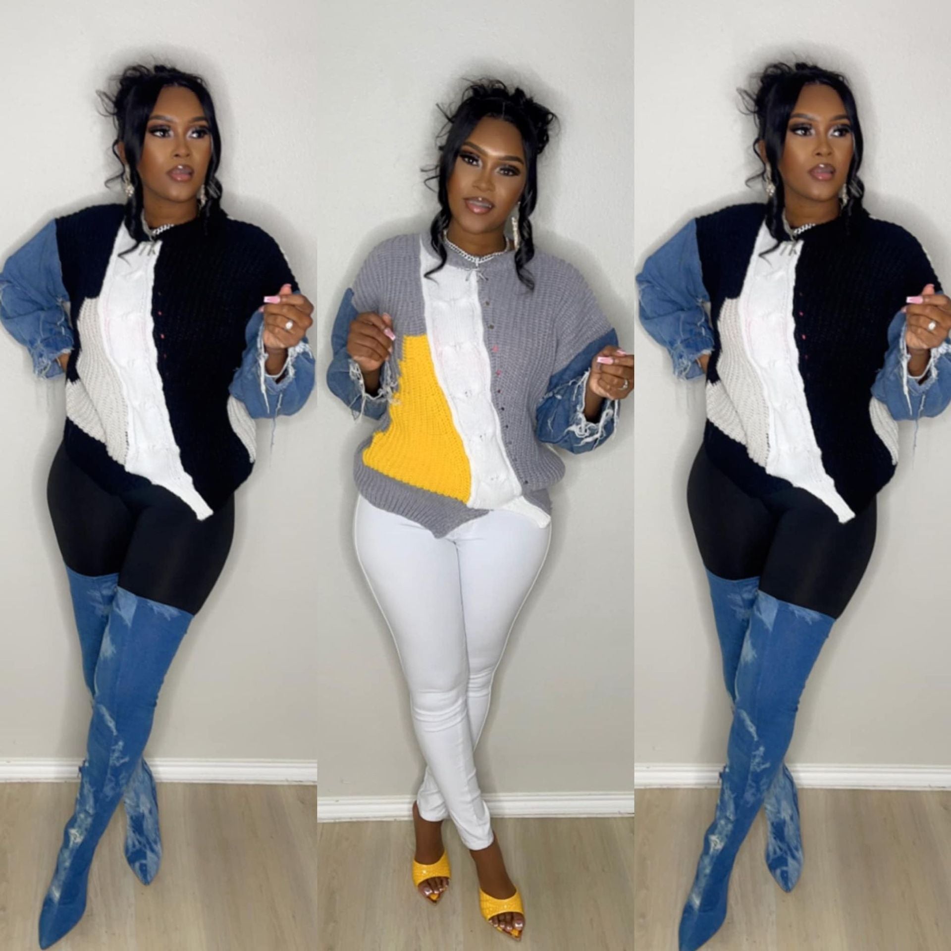 Women Long Sleeve Denim Patchwork Sweater 4