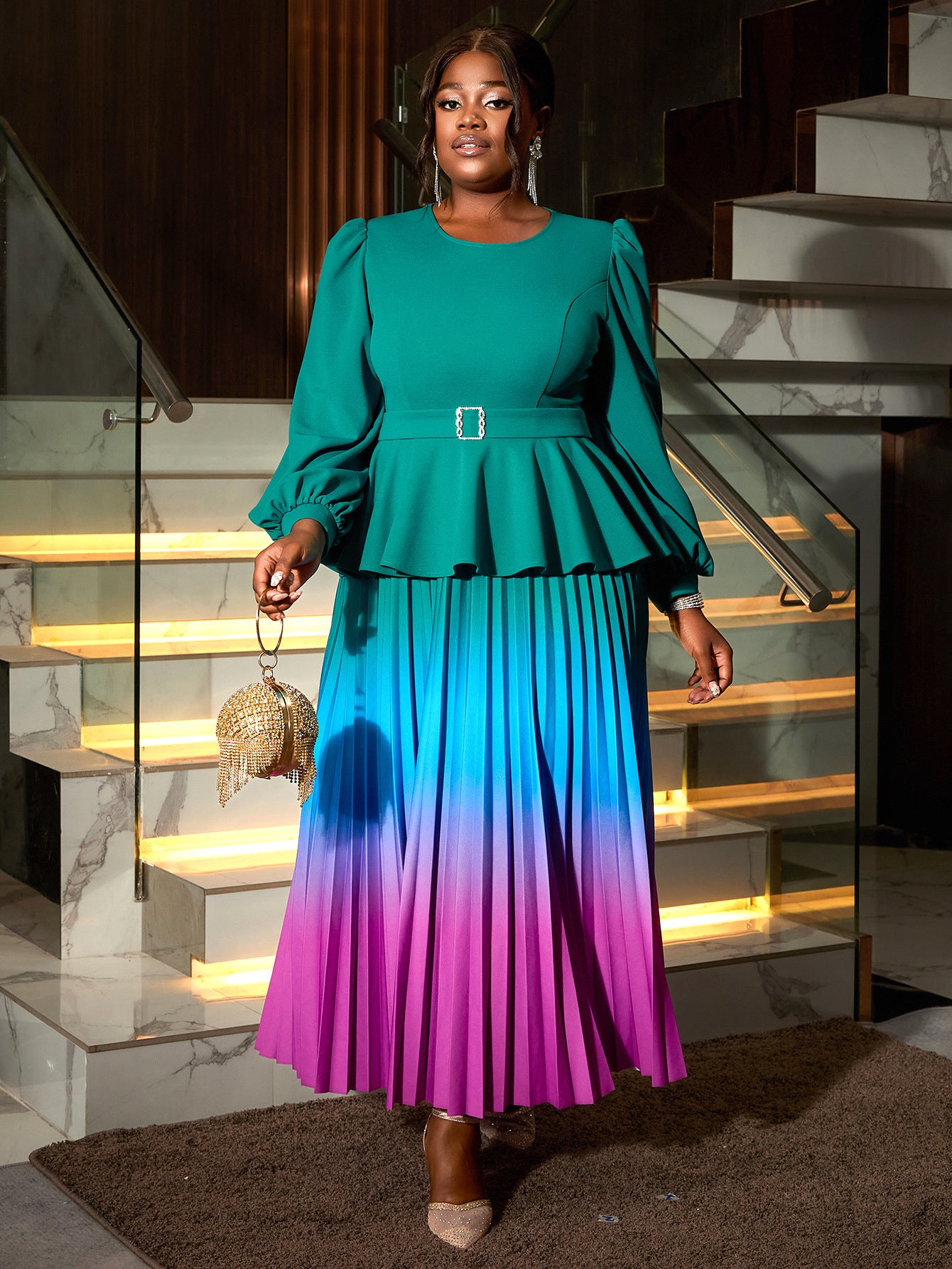 Women gradient lantern sleeve party pleated dress