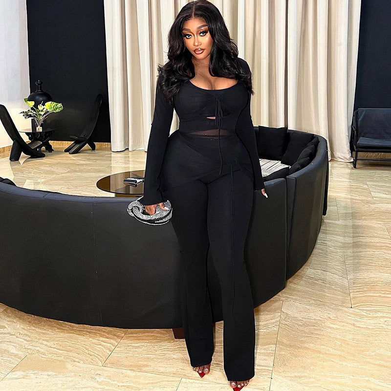 Women Solid Casual Mesh Patchwork Long Sleeve Top and Pants Two-piece Set