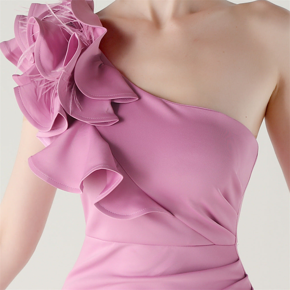 Women One-Shoulder Beaded Wool and Floral Satin Slit Sexy Evening Dress 79