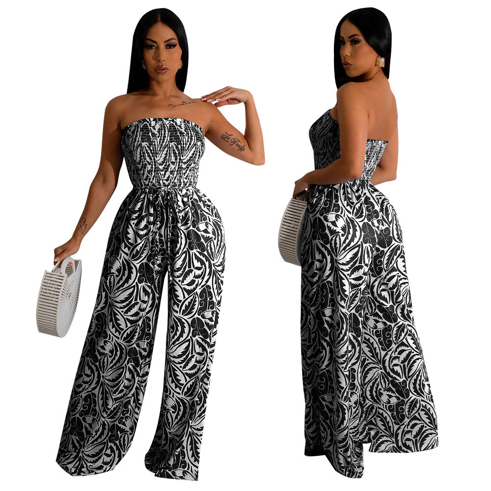 Women Sexy Sleeveless Backless Print Wide Leg Jumpsuit 3
