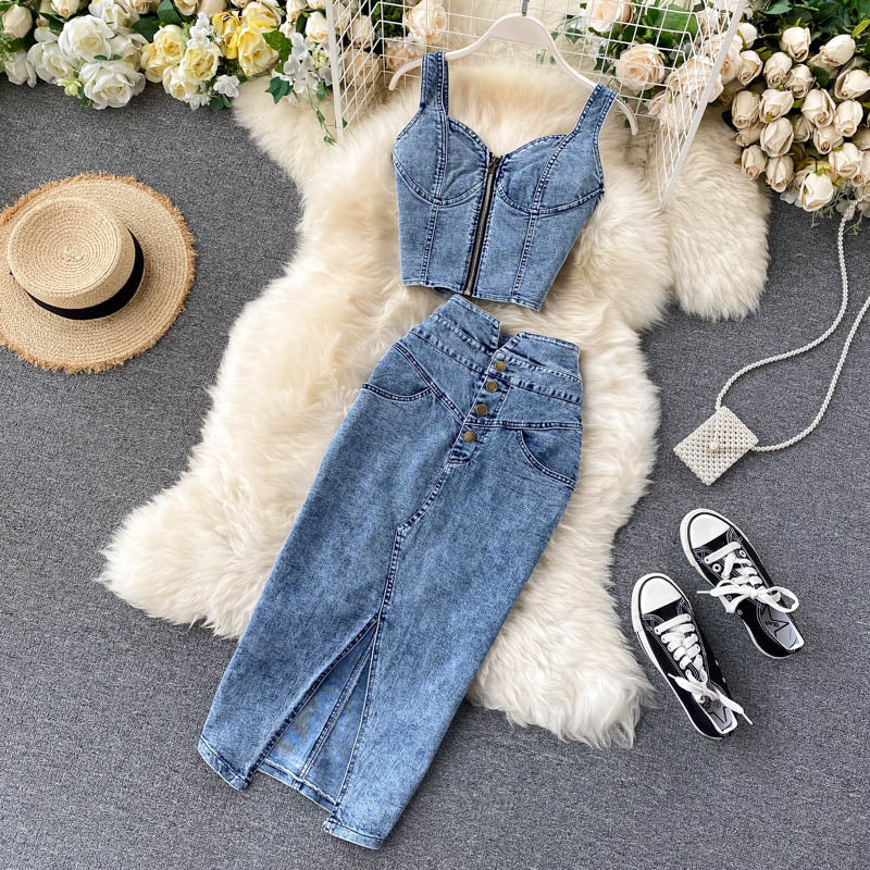 Women Feminine Crop Top and Denim Skirt Two-piece Set 3