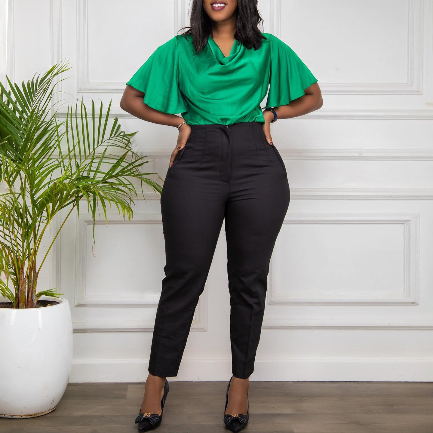 Women's High Waist Tight Fitting Nine Points Career Solid Color Casual Pants