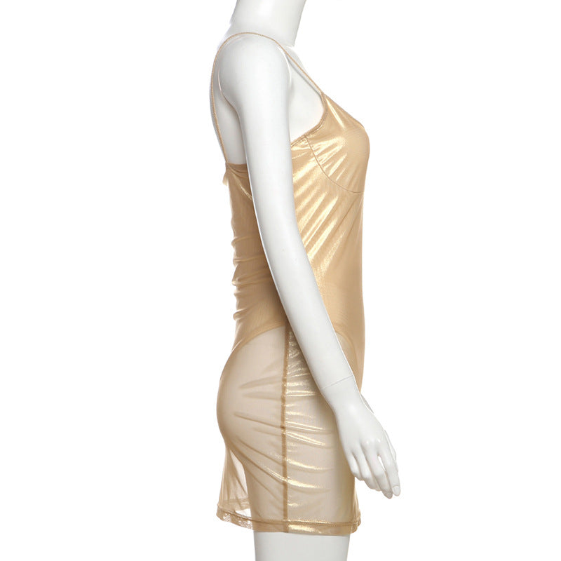 Spring Summer women's sexy see-through high waist slim solid color strap dress 7