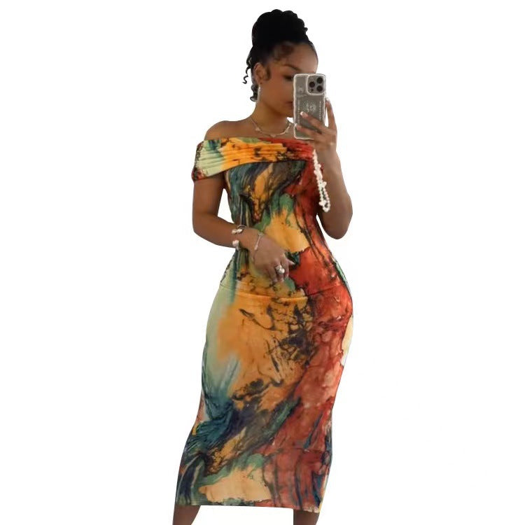 Women's Off Shoulder Fashion Printed Slim Long Dress 10