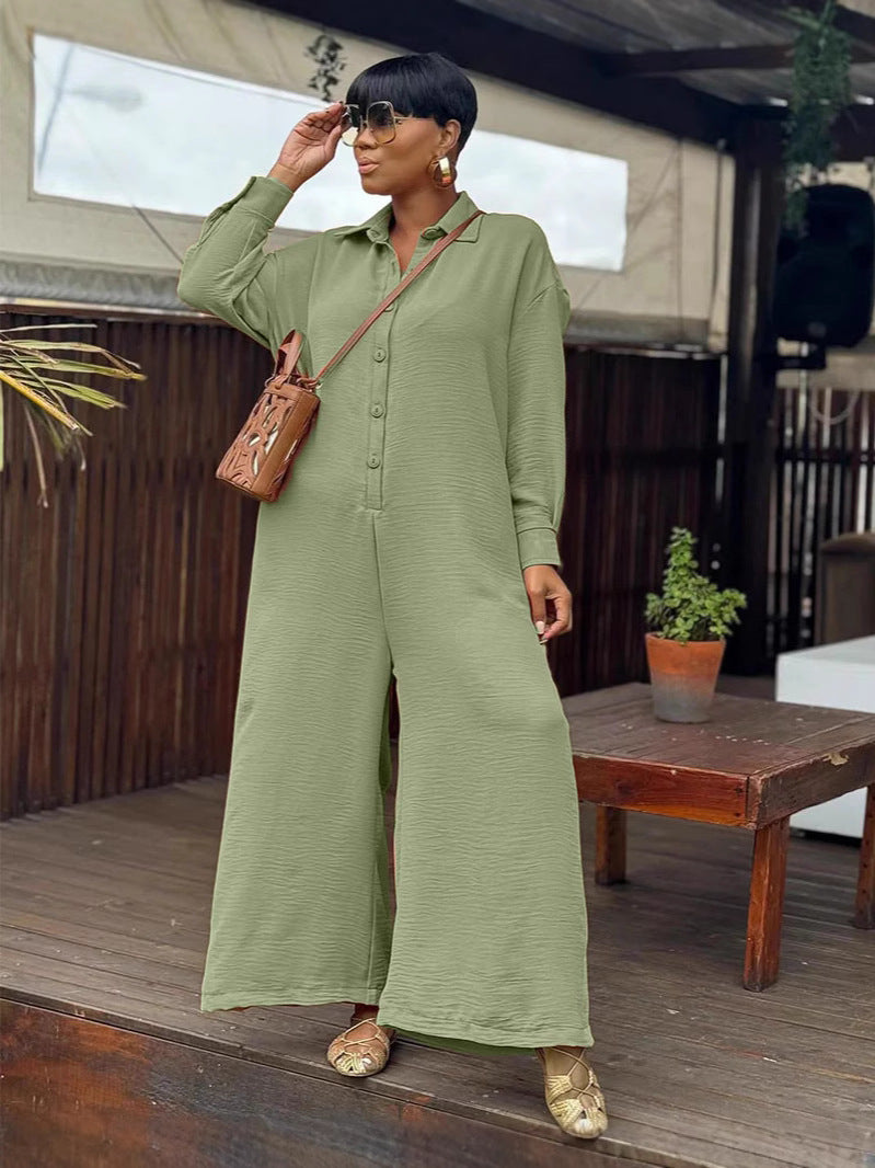 Plus Size Women Summer Casual Loose Round Neck Long Sleeve Wide Leg Jumpsuits