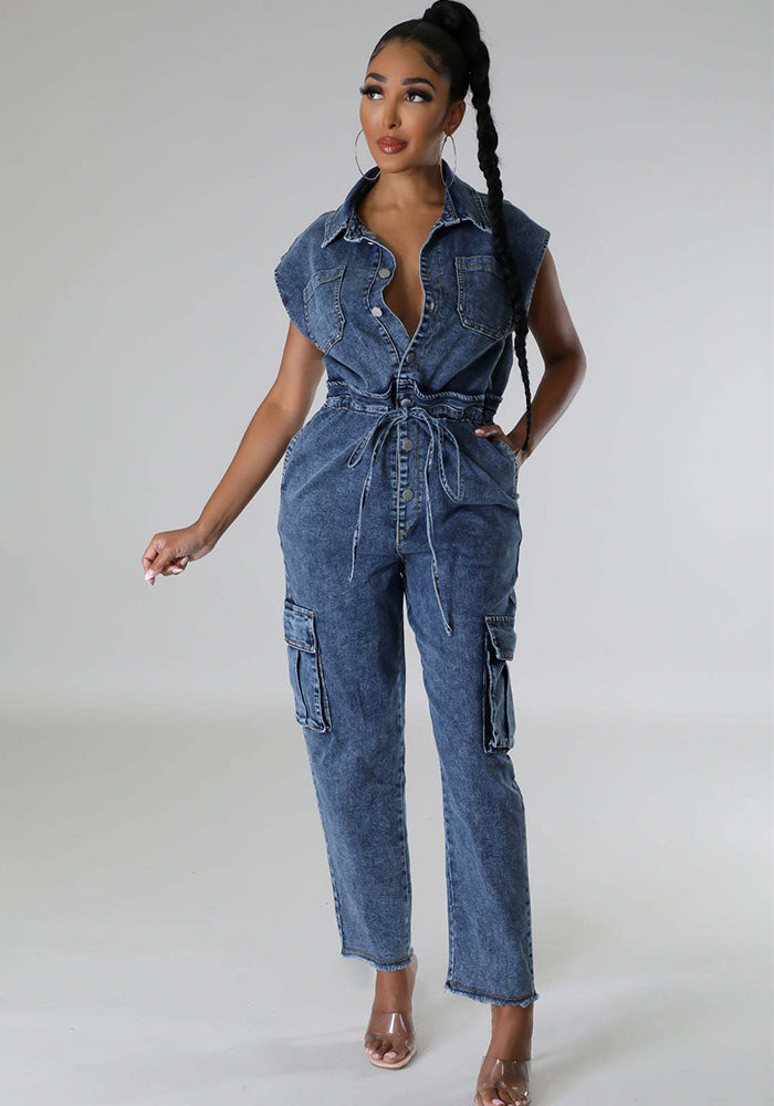 Women Elastic washed denim jumpsuit