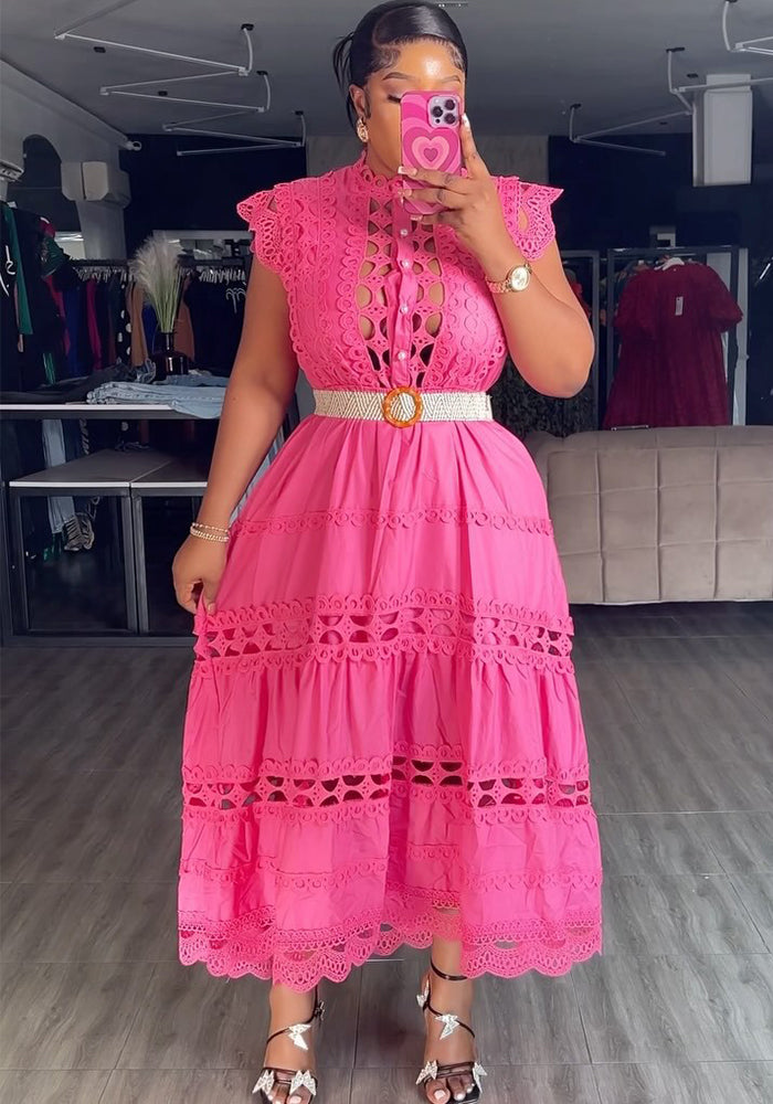 Women Vintage French Elegant Cutout Lace Patchwork Sleeveless Dress