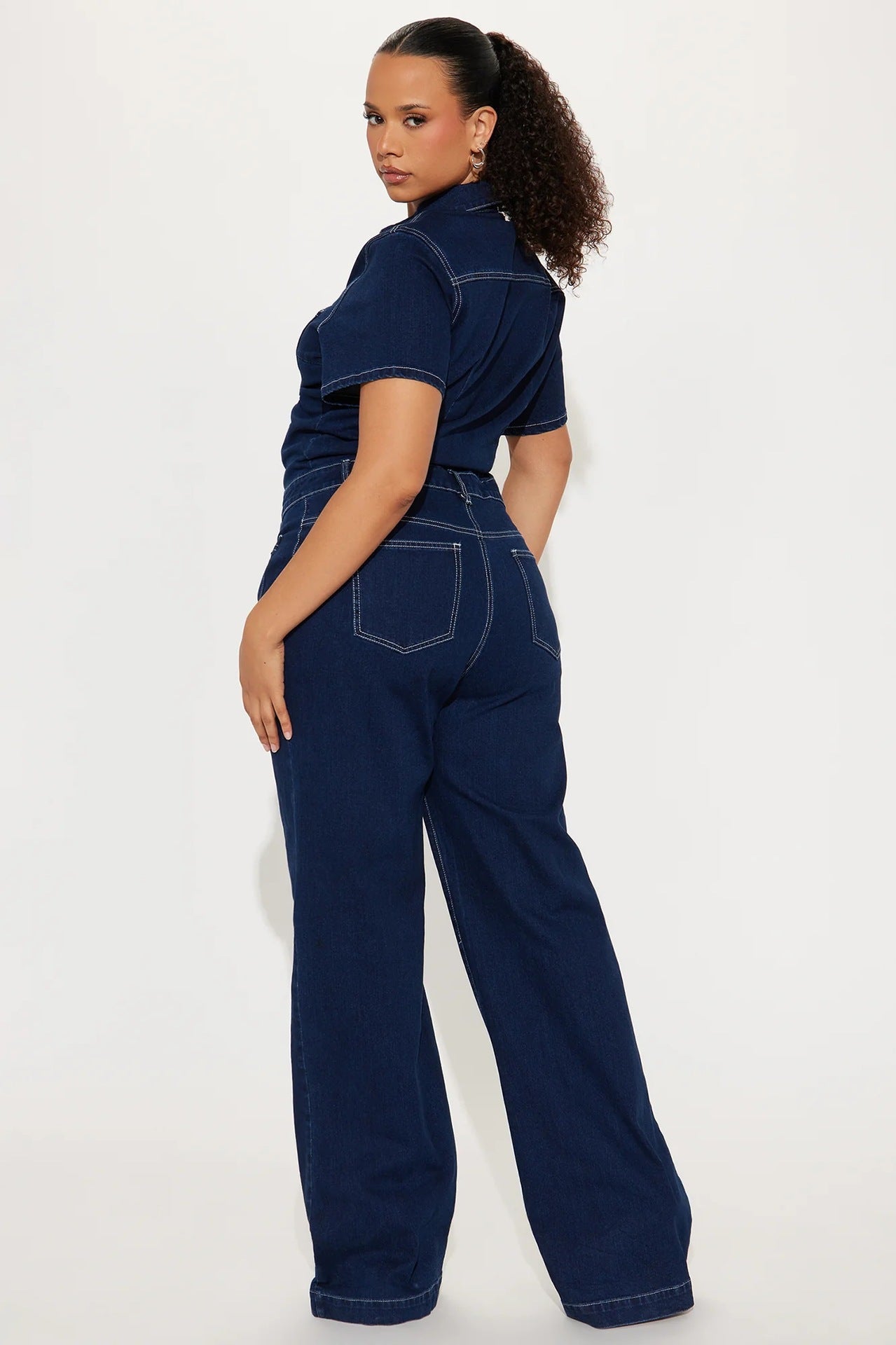 Short Sleeve Washed Denim Wide-Leg Jumpsuit 5