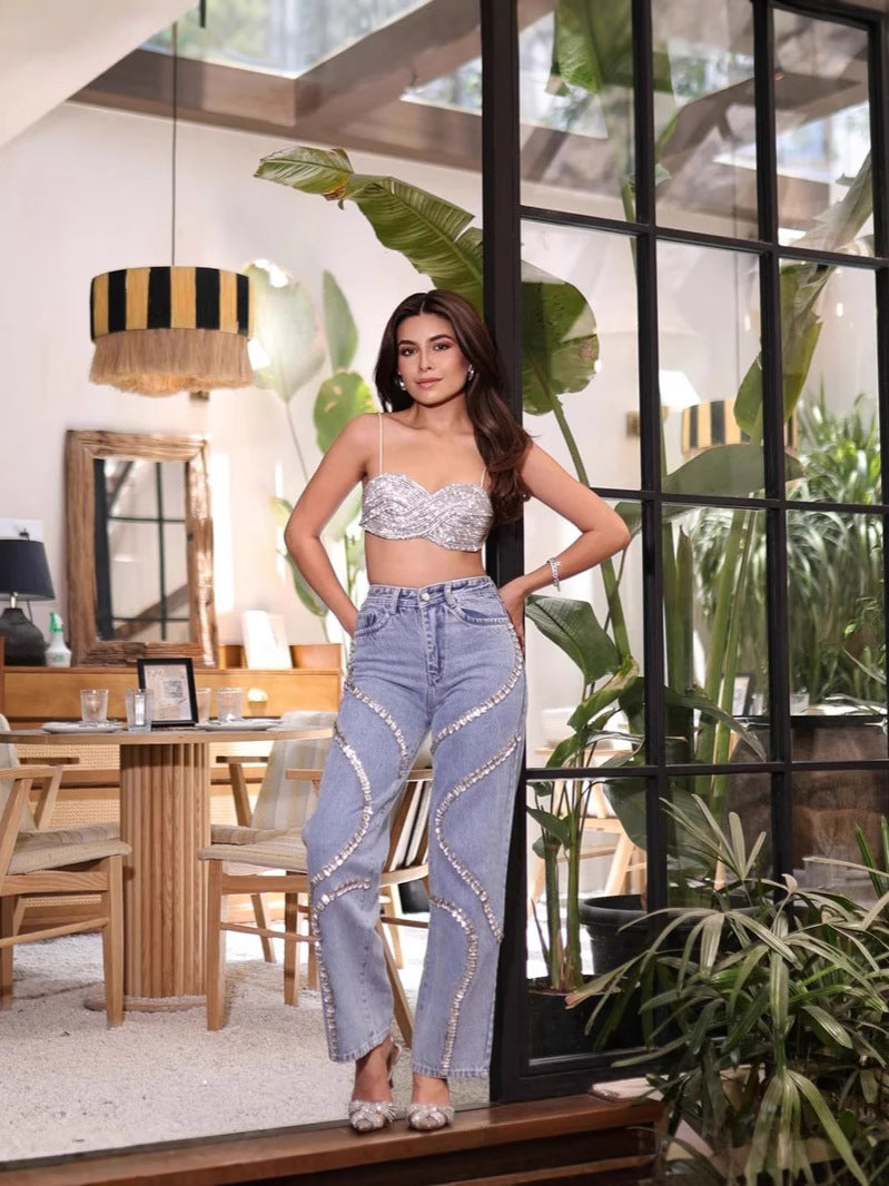 Women's High Waist Rhinestone Wide-Leg Trousers Straight Long Casual Denim Pants 4