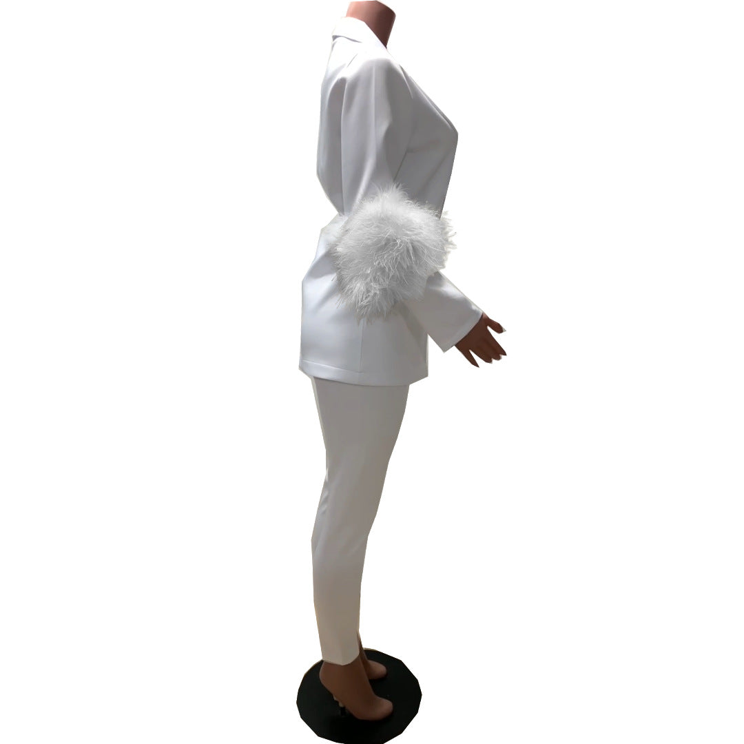 Fall Women Feather Blazer and Pant Two Piece 19