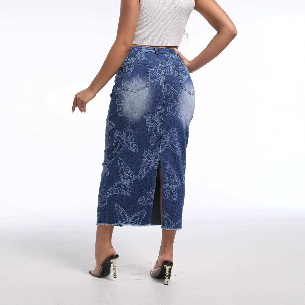 Women Printed Denim Bodycon Skirt 4