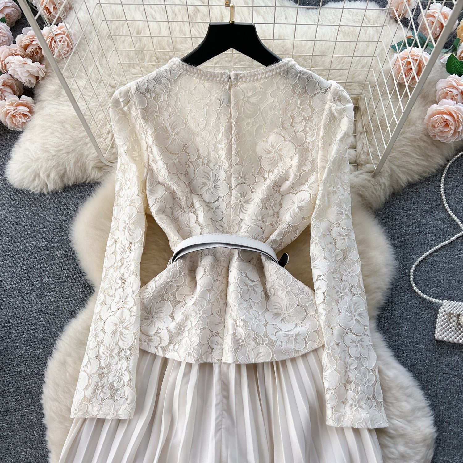 Women French Beaded Metal Button Square Collar Lace Patchwork Pleated Dress 14